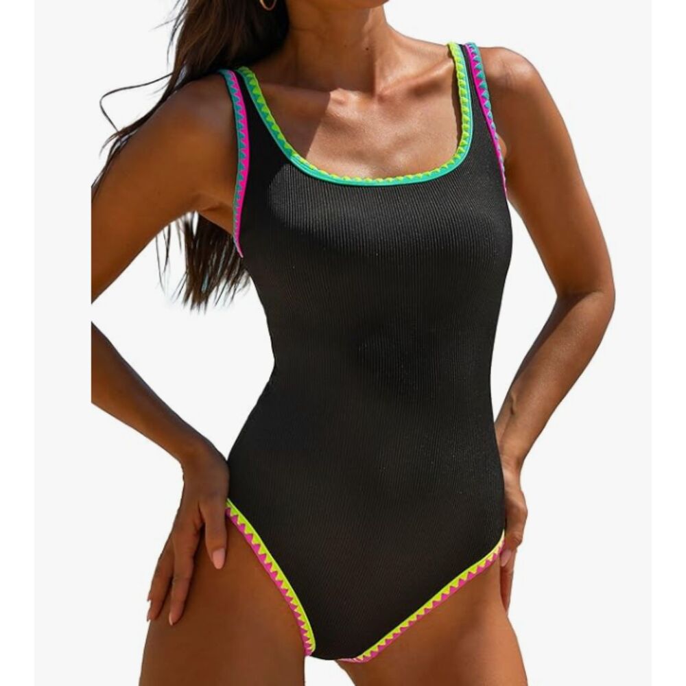NEW Popvil Black Ribbed One Piece Swimsuit Size XL Adjustable Neon Trim